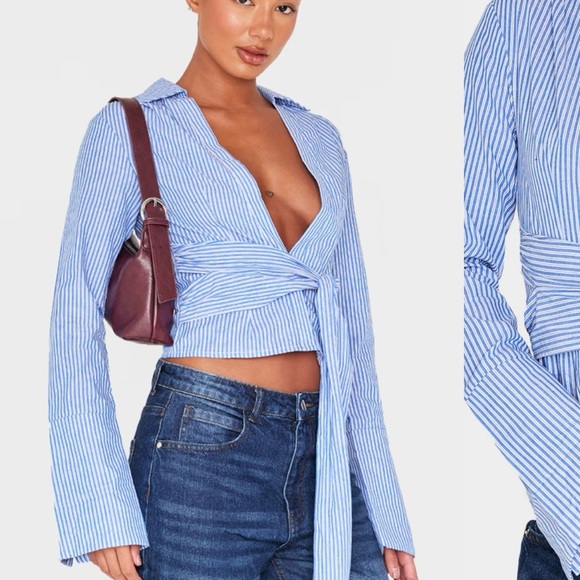 Pretty Little Thing Blue Striped Cinched Tie Waist Shirt - Picture 12 of 13
